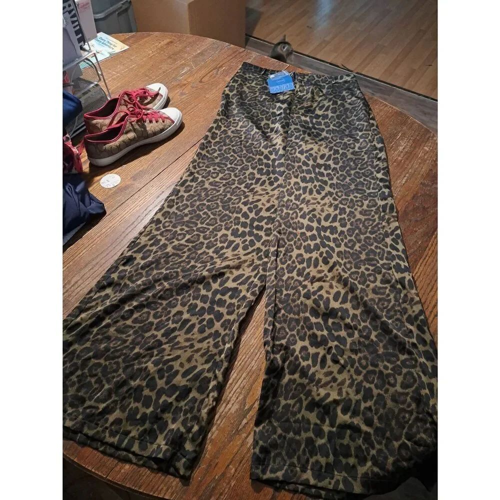 New Karlie Women’s Sz Large Animal Print Wide Leg Pants Black Mica Brown NWT